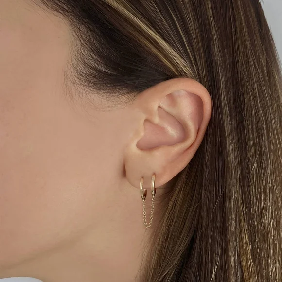 Solid Double Chain Huggie Earring 14K